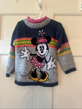 Vintage Minnie Mouse Knit Sweater in Gray & Navy with Pink Accents,4T